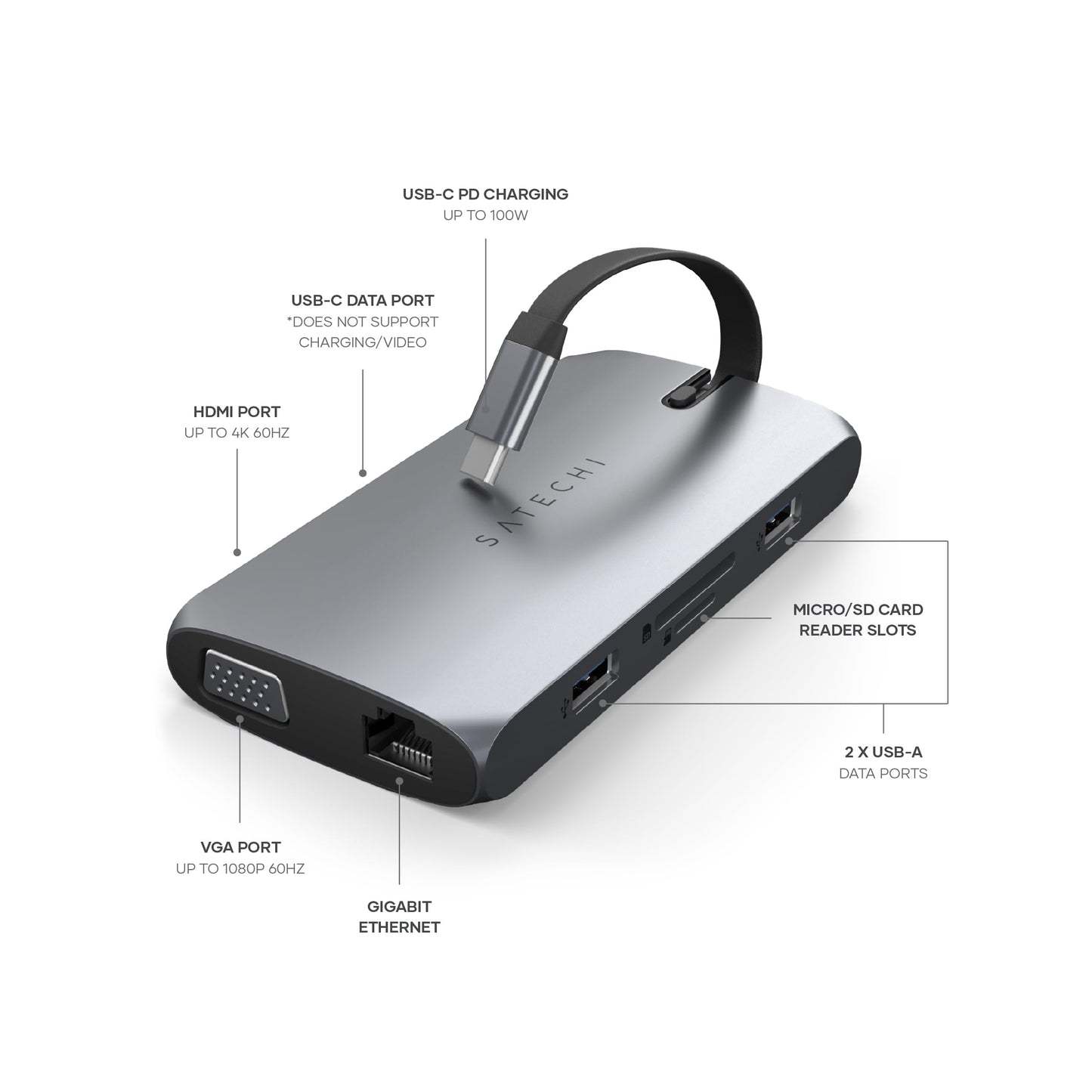 Adaptador Multipuertos SATECHI Gris Espacial 9-en-1 USB-C Portátil para MacBook, iPad, Mac Mini e iMac M1/M2