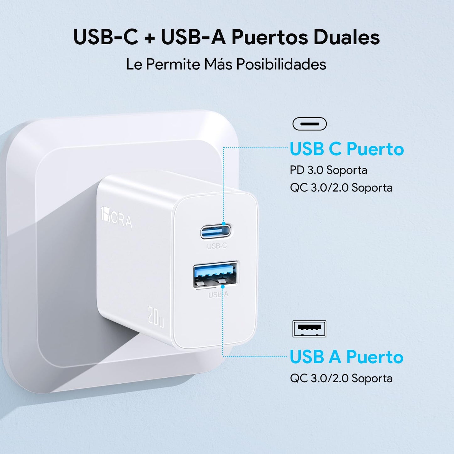 1 Hora Cargador para IP Carga Rápida 20W 2 en 1, Cargador Tipo C PD 20W + USB A QC 18W con Cable USB C a Lightning 1M 3A, Compatible con iP14/13/13 Pro MAX/12/11/X/XS