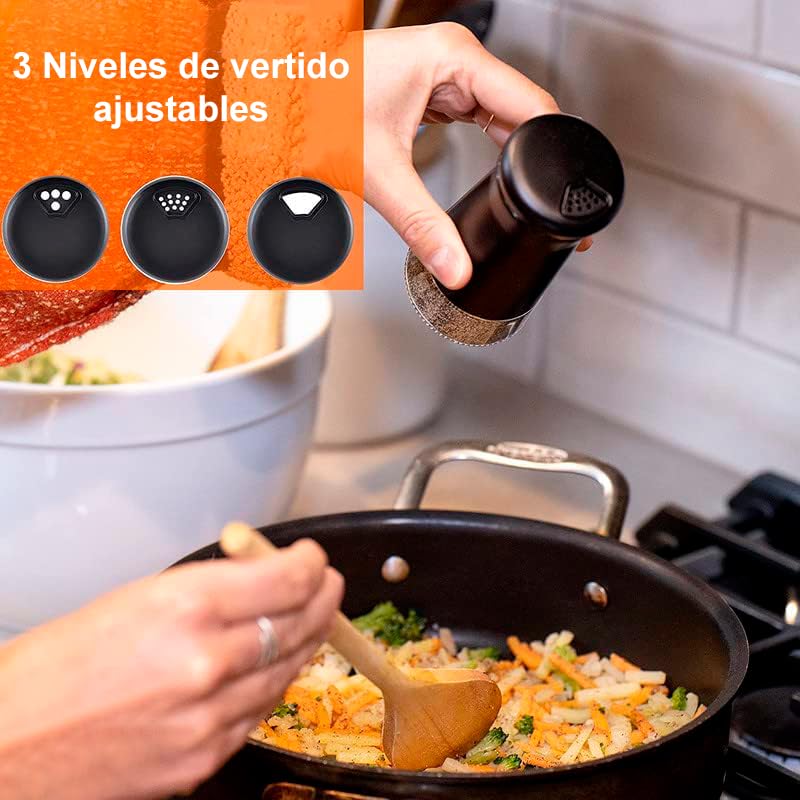 Juego de Saleros y Pimenteros de Vidrio U Chef Negro con Agujeros Ajustables y Acero Inoxidable para Sal de Mar