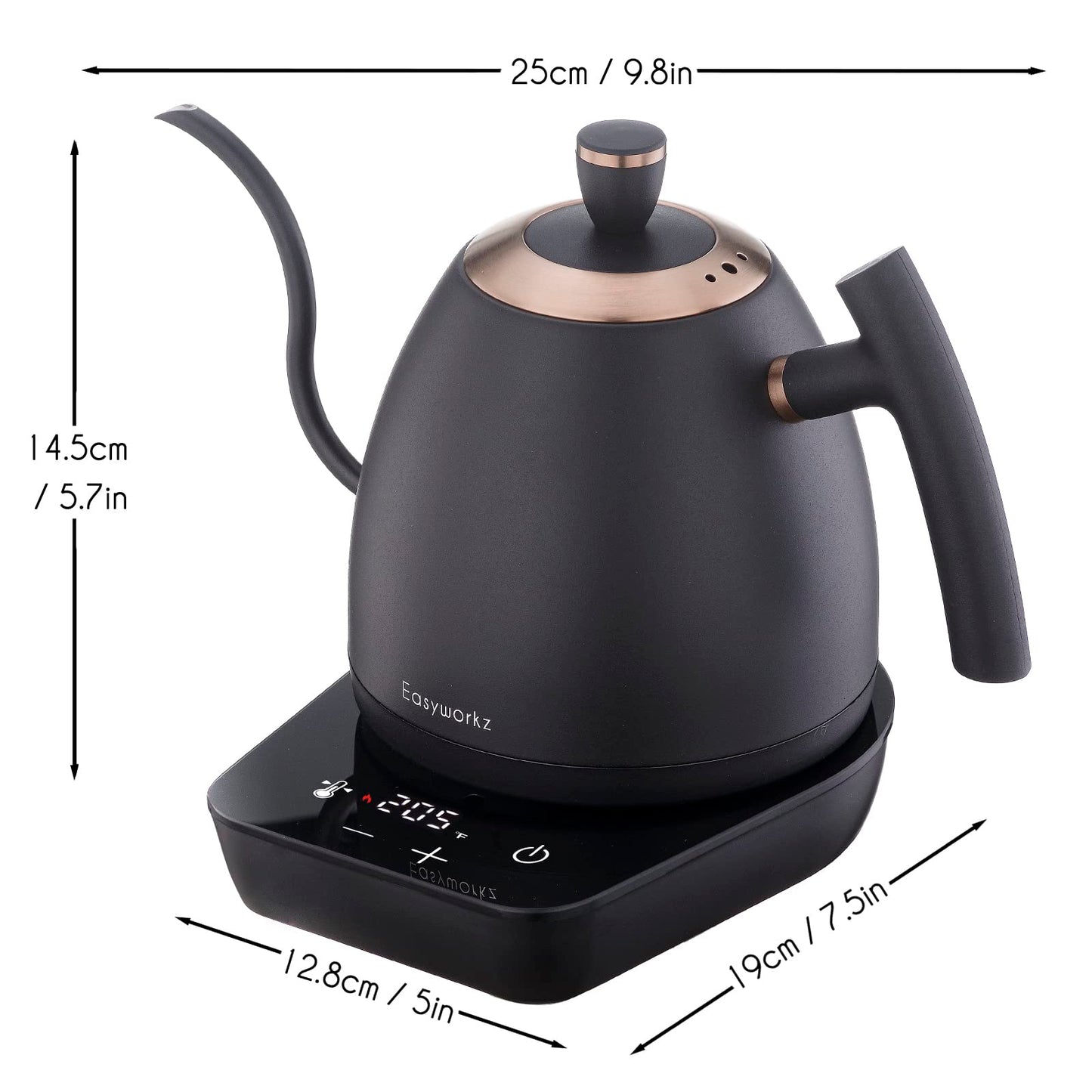 Easyworkz hervidor de café eléctrico de cuello de cisne, tetera de acero inoxidable con goteo manual, control de temperatura de 800 ml, calentamiento rápido de 1200 W