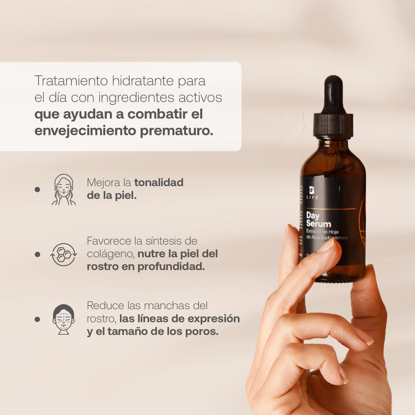 Sérum de Día para Rostro de 60 ml con 96% de Ingredientes Naturales, Suero Facial de Vitamina C, Ácido Hialurónico. Skincare Antiarrugas. Day Serum B Life.