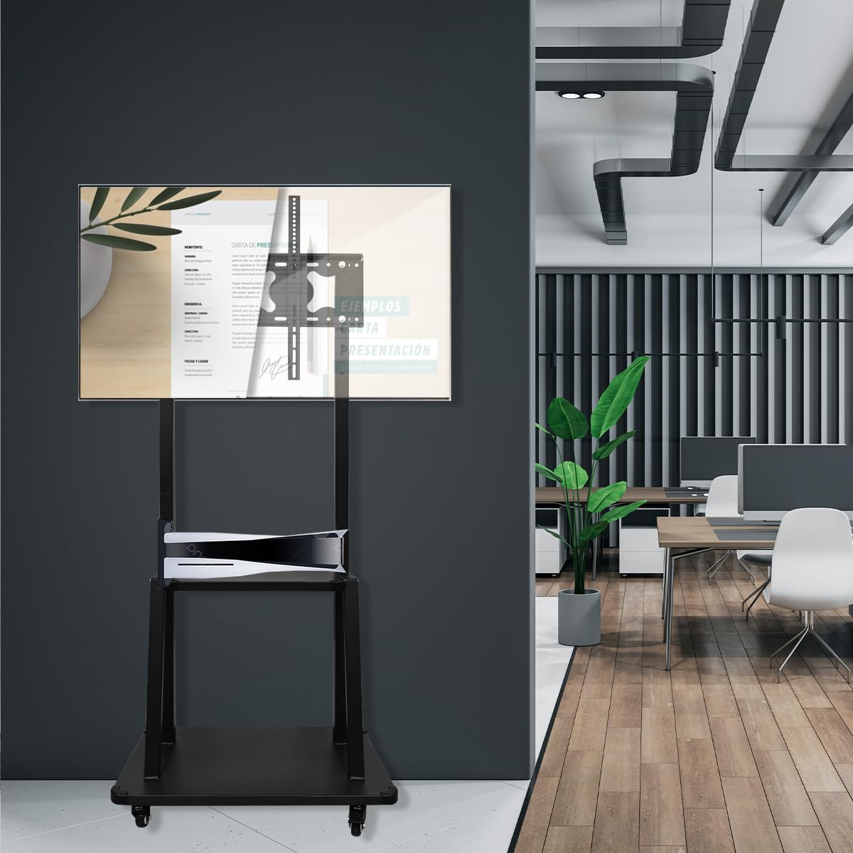 LINK BITS C3275N41 Soporte de TV móvil con Ruedas para televisores 32" a 75", Base para Pantalla de Piso, Giratorio con Dos repisas para monitores de hasta 75kg y VESA de hasta 600x400mm.
