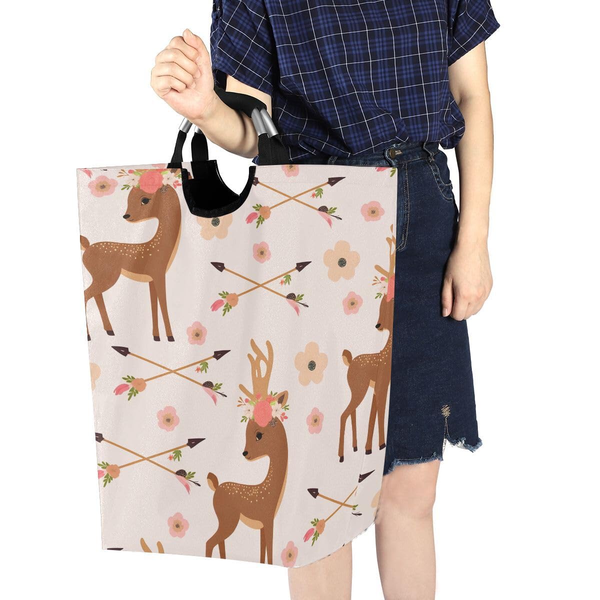 senya Cesta de almacenamiento plegable con diseño de ciervo con flechas de flores, cesta de lavandería para guardería, ropa, juguetes