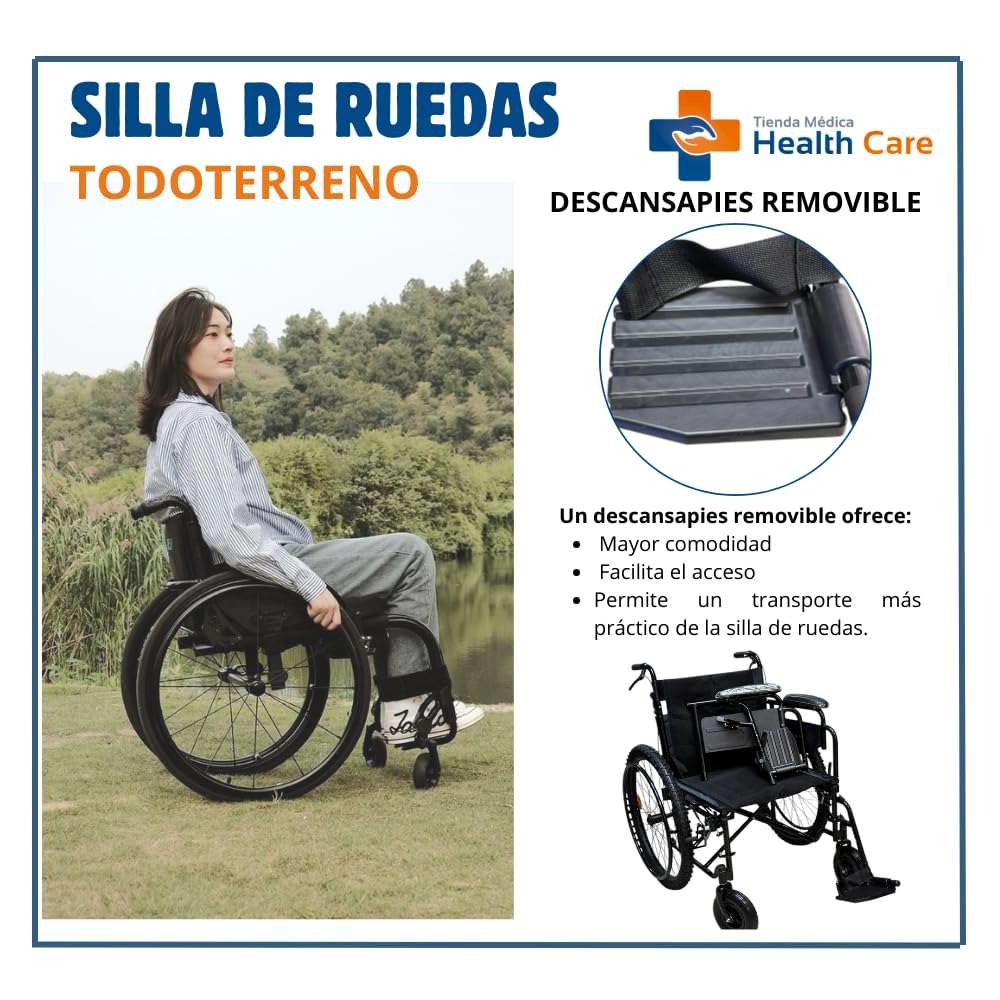 CARRE - SILLA DE RUEDAS PARA ADULTO TODO TERRENO DE LUJO NEUMATICA, RESISITENTE PLEGABLE, DESCANSAPIES REMOVIBLE, DESCANSABRAZOS REMOVIBLE, RESPALDO PLEGABLE, ACERO ESMALTADO SCT-002