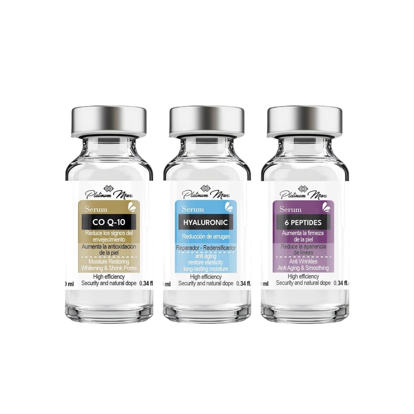 Serums Set de 3 Sueros Faciales, 10 ml cada uno, Coenzima Q10, 6 Péptidos y Ácido Hialurónico | PLATINUMMAX