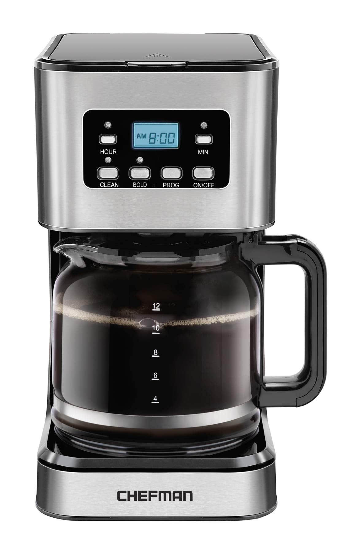 Chefman, Cafetera de Goteo Programable de 12 Tazas, Filtro Reutilizable, Acero Inoxidable