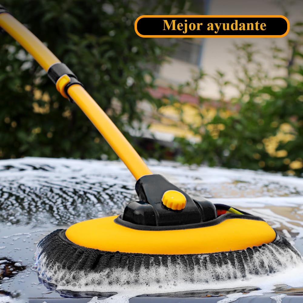 Cepillo para Lavar Carros, Kit de Limpieza para Auto, Kit de Trapeador para Lavado de Autos Con Mango Largo, Barra Telescópica 50-102 cm Con Producto de Limpieza de 3 Etapas (Negro-Amarillo)