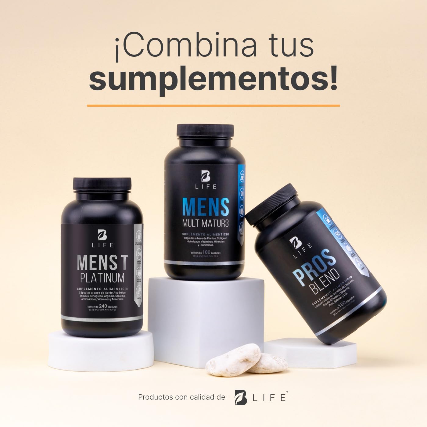 B Life Company Fórmula para Hombre 180 cápsulas 1000 mg por porción. Ciruelo Africano, Selenio, Semilla de Calabaza, Cúrcuma, Zinc, y D3. Ingredientes Naturales. Pros Blend.