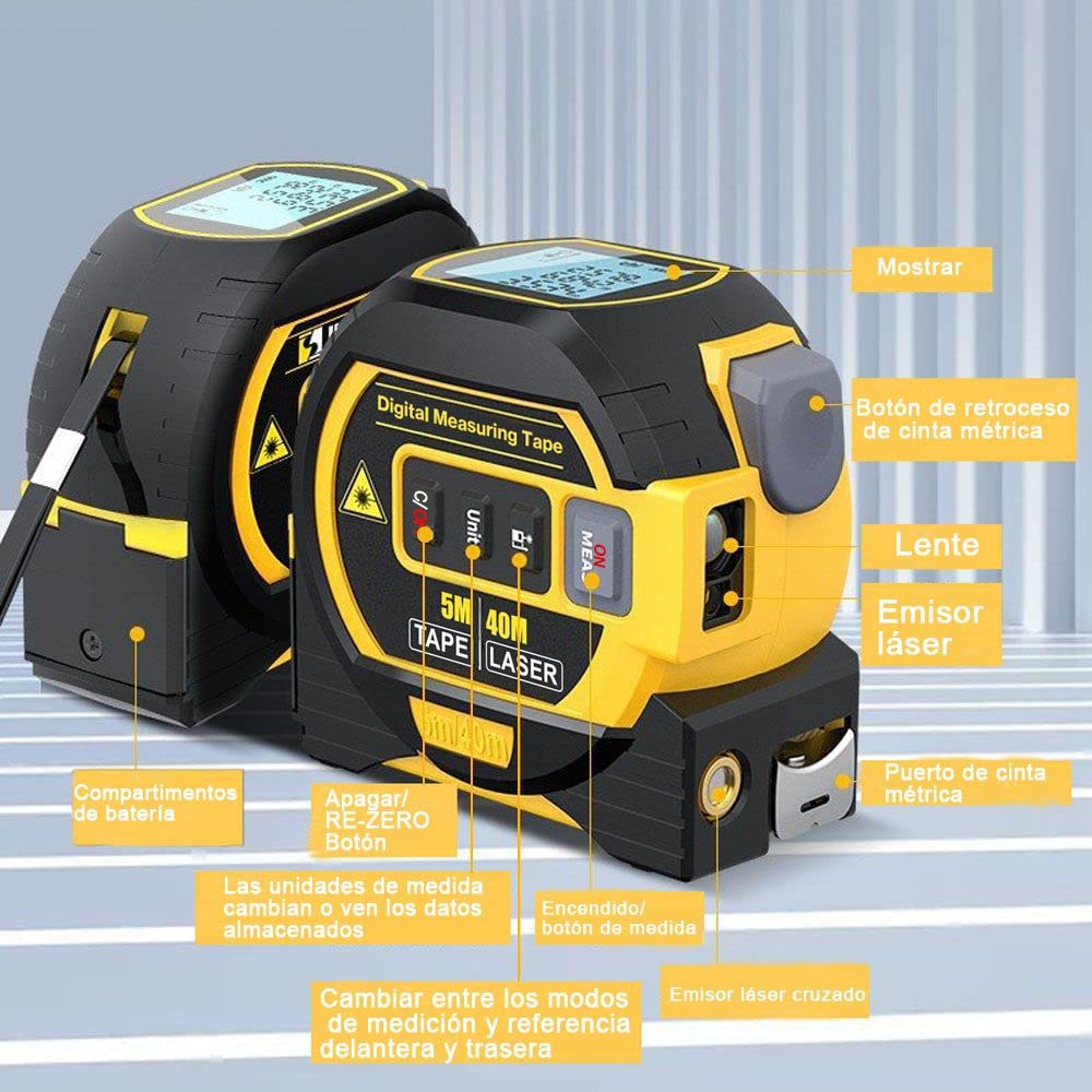 Linmeng Cinta Métrica Láser Telémetro Láser 3 En 1, Regla de Cinta Métrica de 5M, Pantalla LCD con Retroiluminación, Medidor de Distancia, Dispositivo de Medición de Edificios, Volumen de Área(40 m)