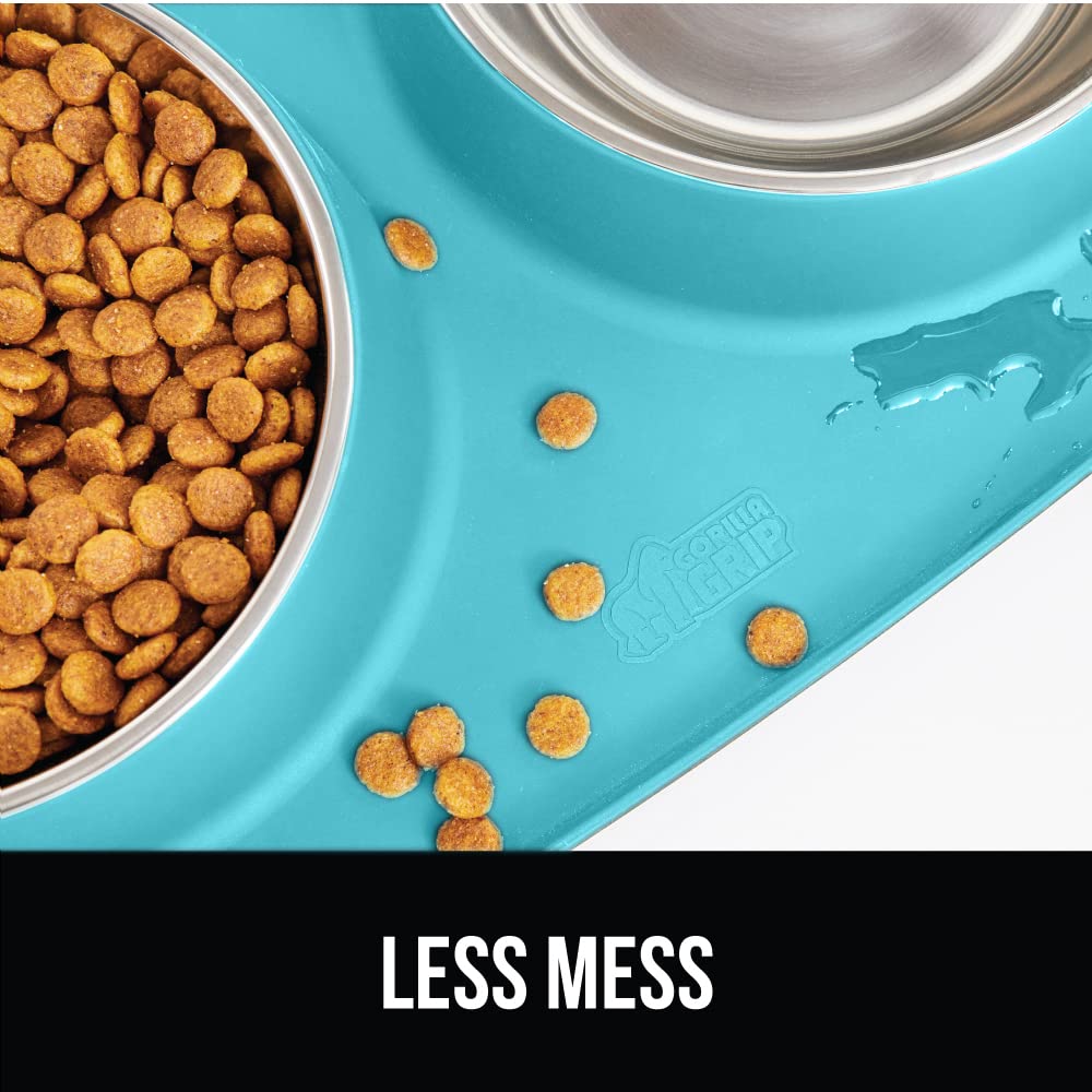 Gorilla Grip Juego de cuencos antideslizantes para mascotas y alfombrilla de alimentación de silicona, atrapa el agua y los alimentos, bordes elevados para evitar derrames, cuenco de acero inoxidable para gatos y perros, diseño pendiente de patente, 1 taz