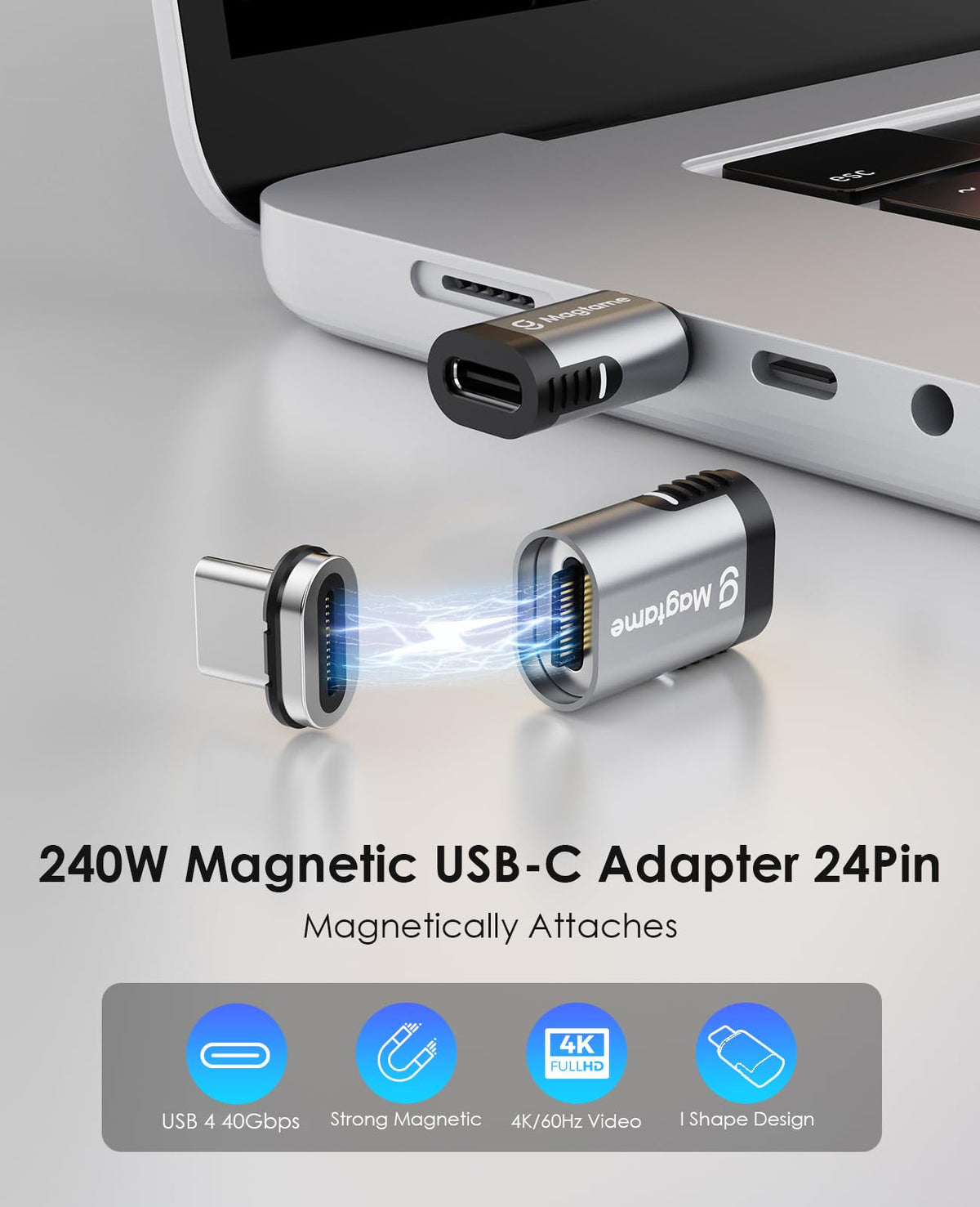 Adaptador USB C Magnético Magtame 240W 40Gbps Transferencia de Datos de Carga Rápida 24 Pines 4K 60Hz