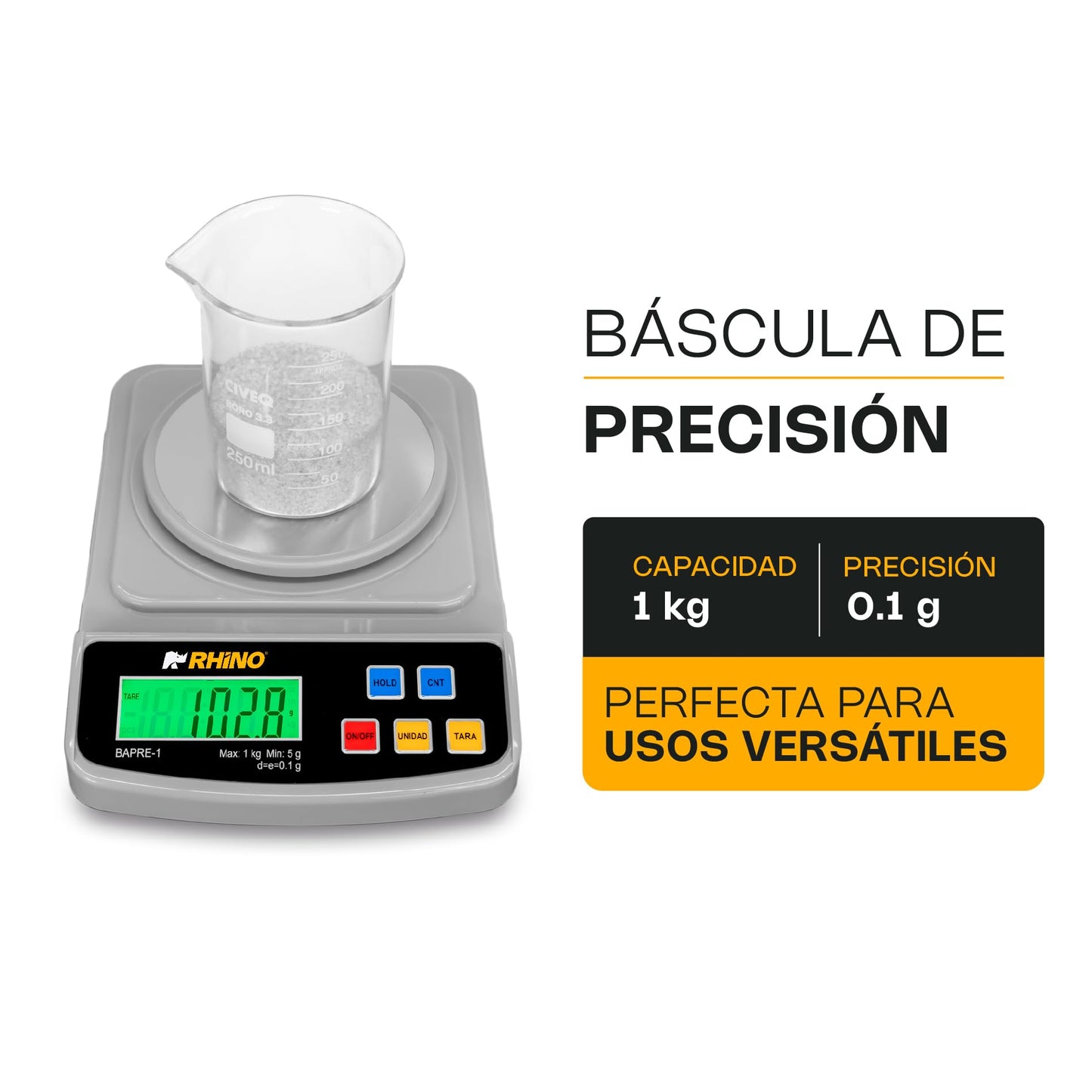 Báscula de Precisión RHINO Acero Inoxidable Diseño Compacto 1kg/0.1g con Función de Conteo y TARA