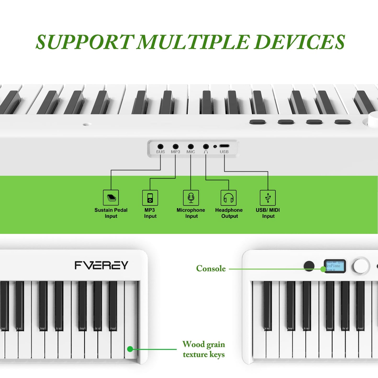 FVEREY Teclado de piano plegable de 88 teclas, teclado semipesado de tamaño completo, teclado musical portátil de piano de viaje, soporte MIDI Bluetooth piano eléctrico para principiantes, blanco