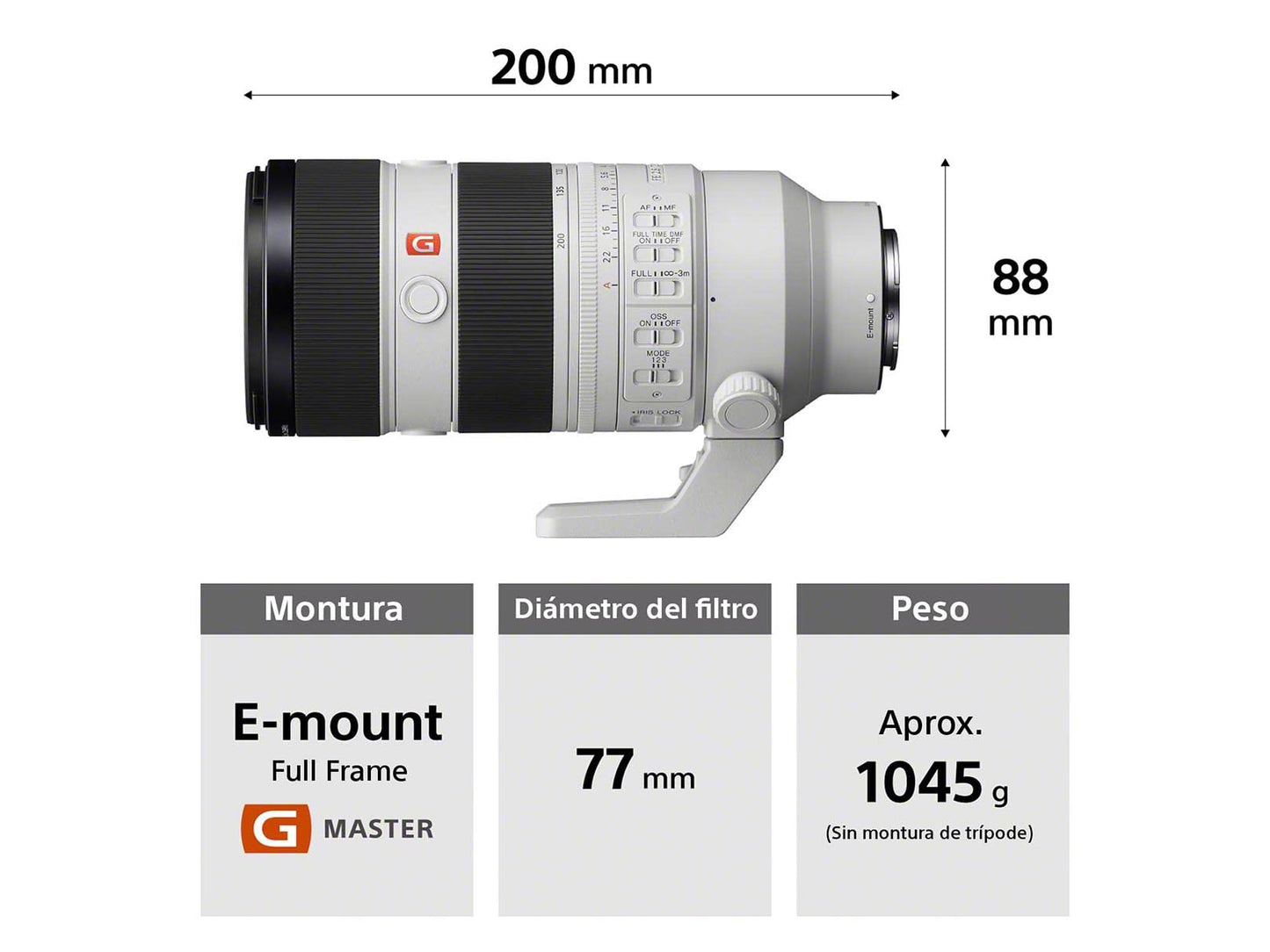 Sony Lente G Master™ Telefoto Zoom 70-200mm F2.8 Montura E Full Frame - FE con Estabilizador Steady Shot óptico (OSS) SEL70200GM2