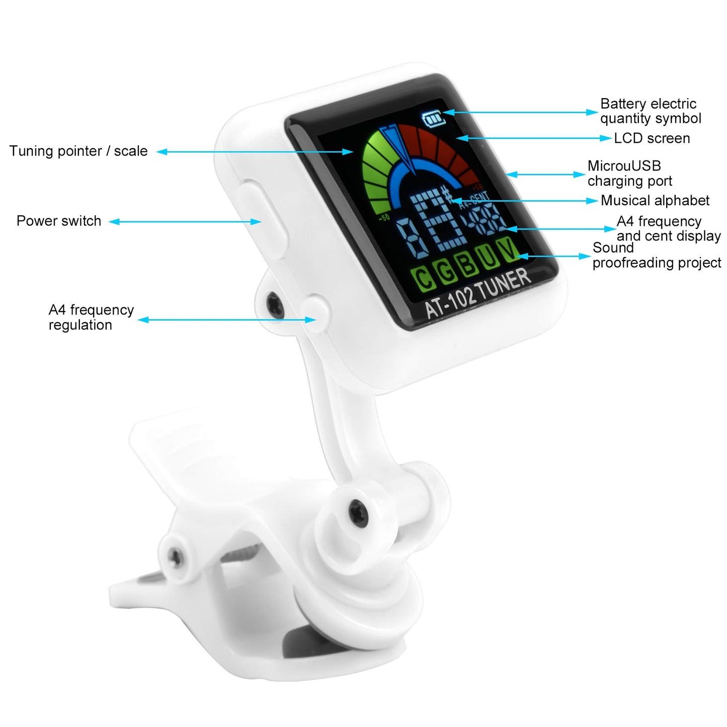 Vbest life Afinador de Clip para Guitarra arom¨¢Tica Afinador de Clip para Viol¨ªn y Ukelele Recargable por USB Bater¨ªa incorporada AT ? 102(Blanco)