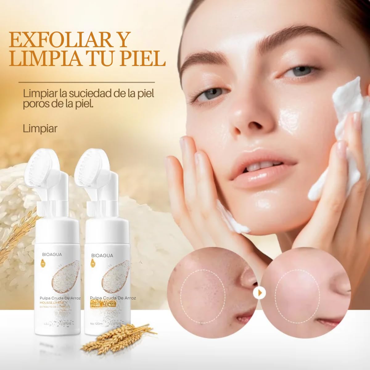UNIVERSOENLÍNEA.COM Set Limpieza Y Cuidado Facial Espuma Exfoliante Serum Hidratante Mascarilla Humecta y Suaviza la Piel Extracto de Arroz Eliminando Impurezas, Células Muertas y Exceso de Aceite
