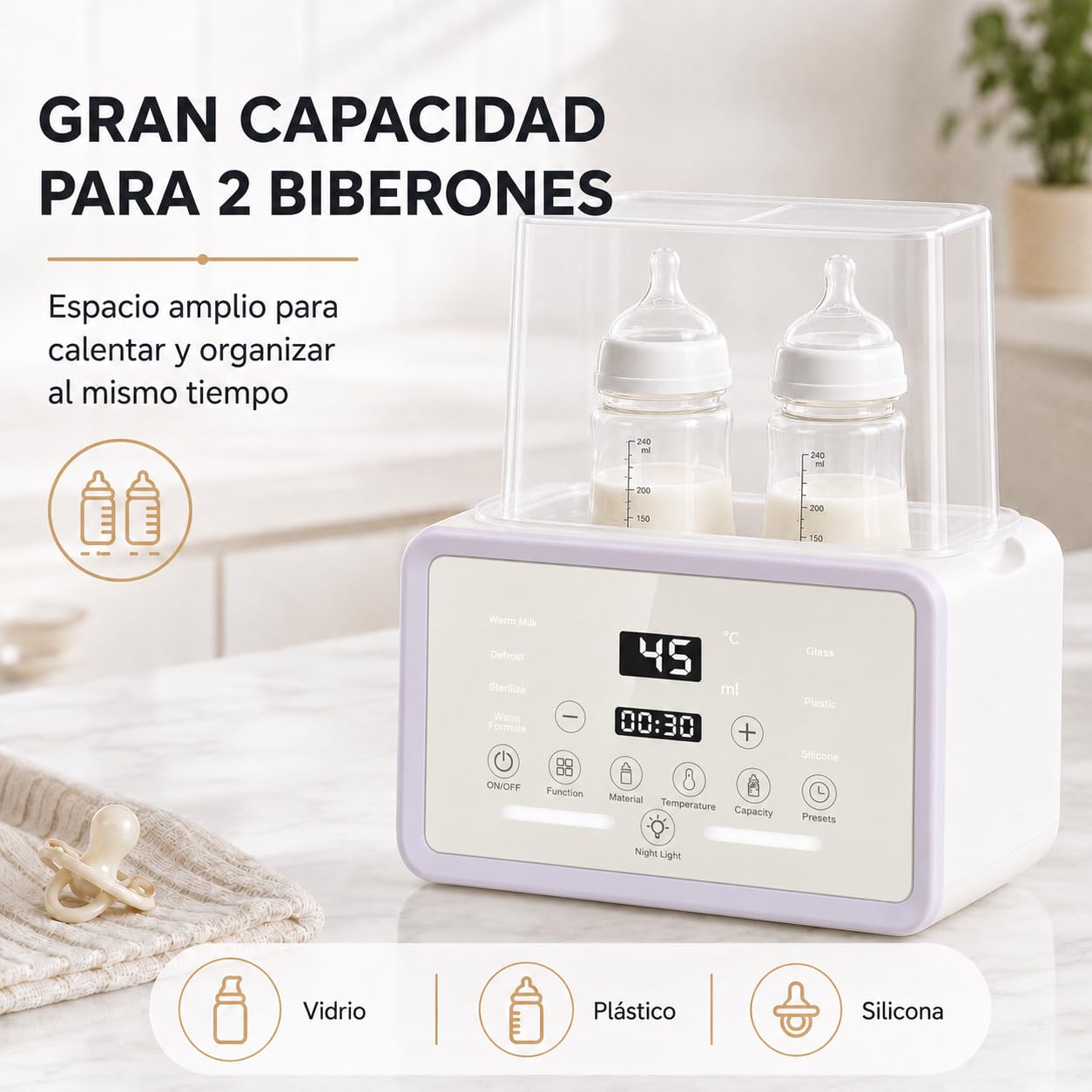 Esterilizador y Calentador de Biberones 6 en 1, Secador de Vapor para Bebé, Capacidad 2 Mamaderas, Pantalla LED Táctil, Control Preciso de Temperatura, Descongelación, Secado, Mantener Calor