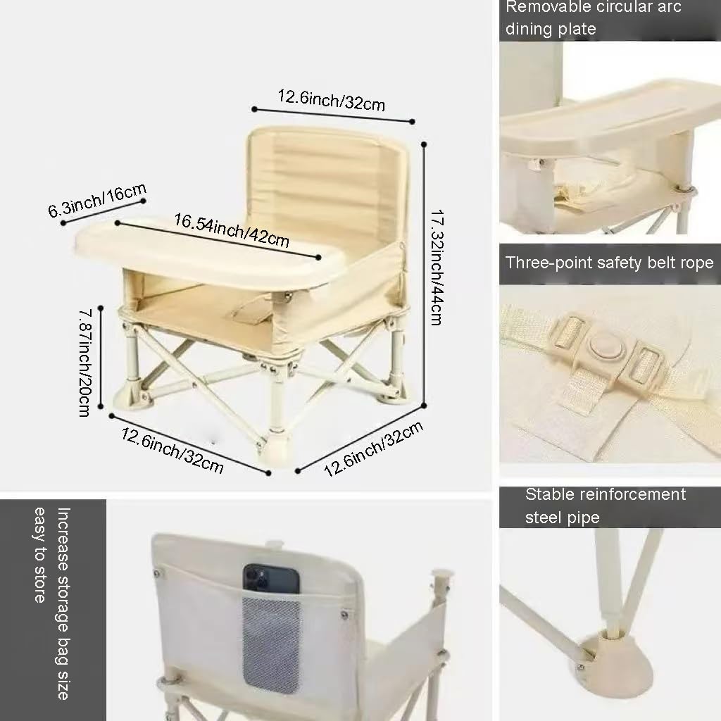 Silla de comedor plegable portátil para bebé, silla alta para exteriores, asiento plegable para niños pequeños con sombrilla y cinturón de seguridad (paraguas de borla beige)