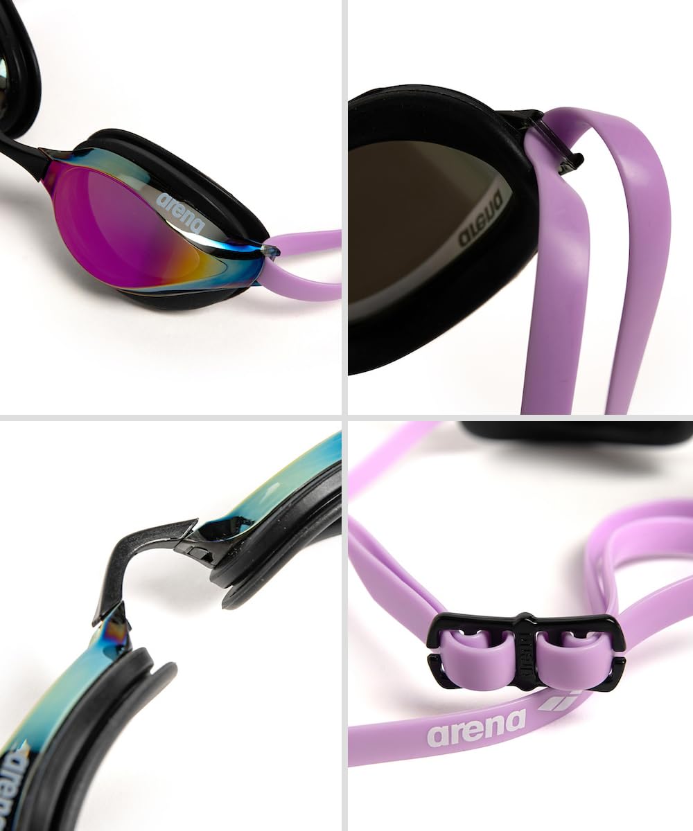 ARENA - anteojos de natación unisex para adultos, para hombres y mujeres, lentes de espejo antivaho, máxima comodidad, doble correa, violeta/negro/violeta
