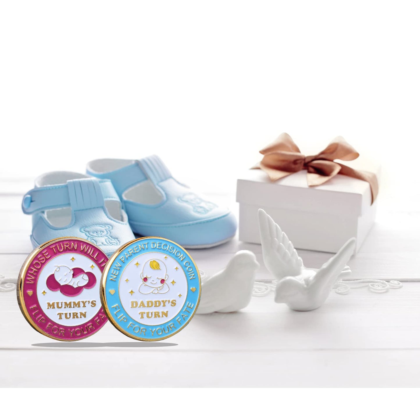 Divertida moneda para tomar decisiones de doble cara para regalos de nuevos padres