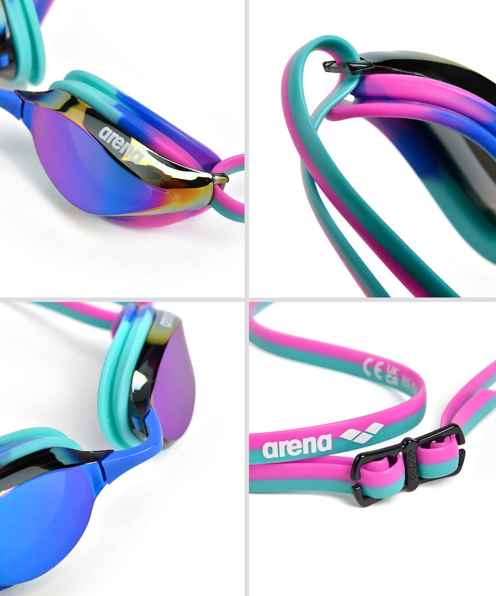 ARENA - anteojos de natación unisex para adultos, para hombres y mujeres, lentes de espejo antivaho, máxima comodidad, doble correa, turquesa, agua/fucsia