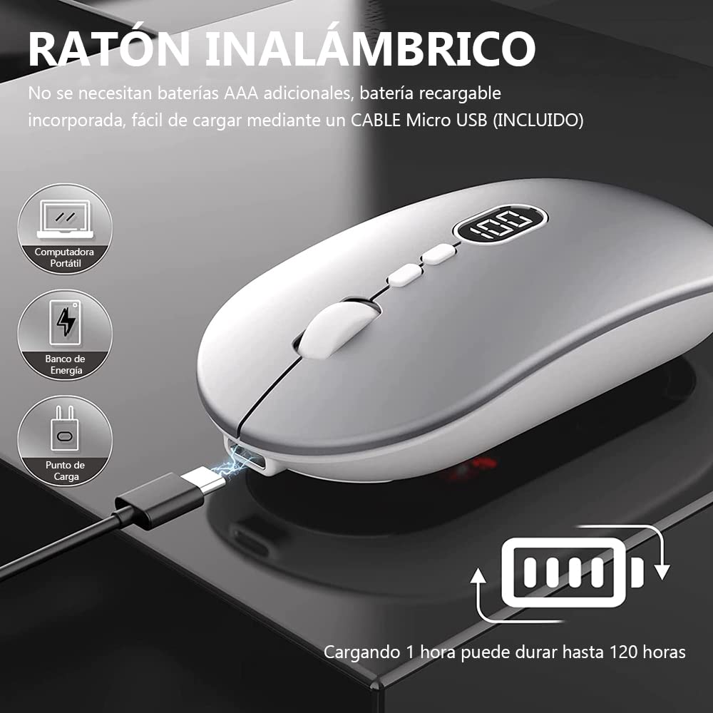 Free wolf X1 Mouse Inalámbrico con Pantalla de Batería, Wireless óptico Recargable 2.4 G Ergonómico Silencioso Click 800/1200/1600 Ajustable dpi Ratón para Computadora,Portátil,PC,Mac (Plata)