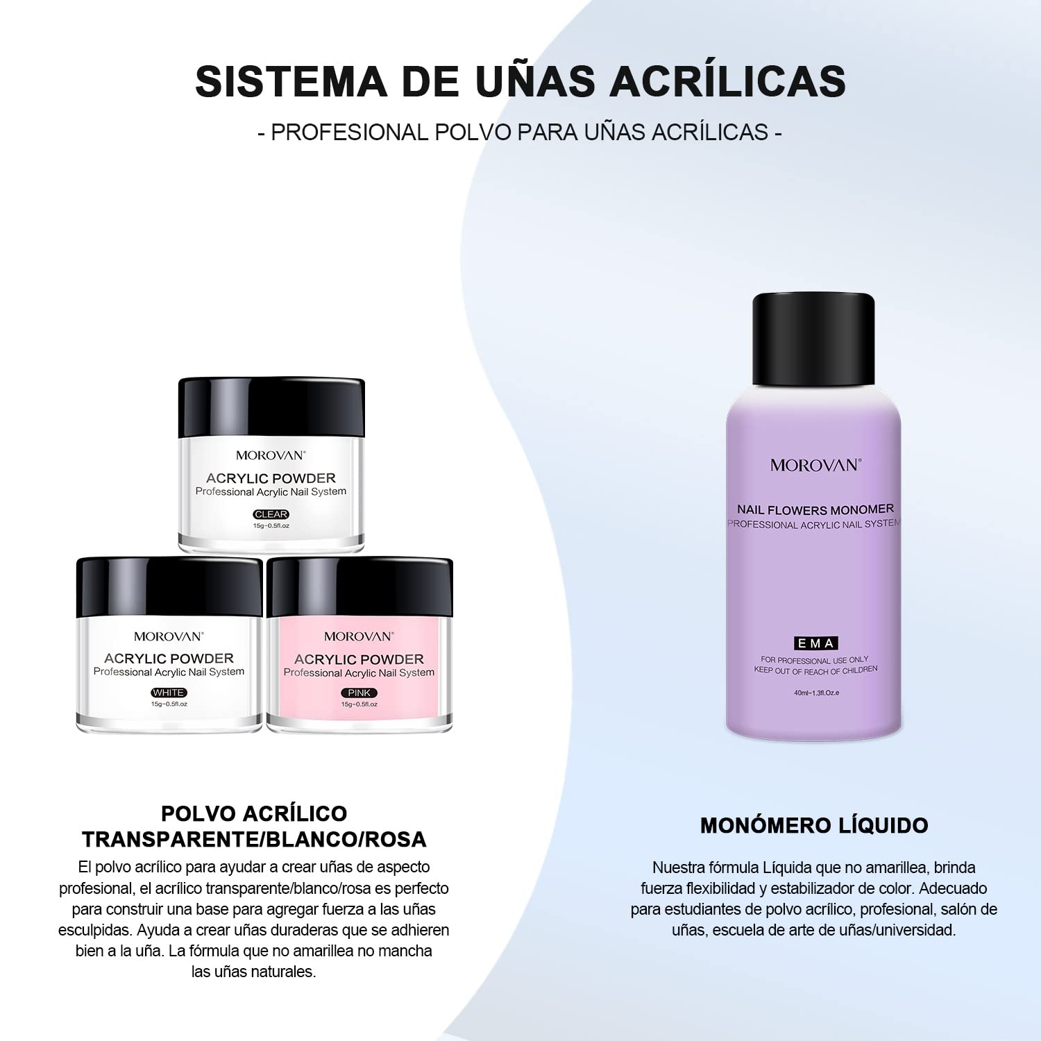 Morovan Polvo Acrílico para Uñas Kit (3 Colores) - Ideal para Principiantes
