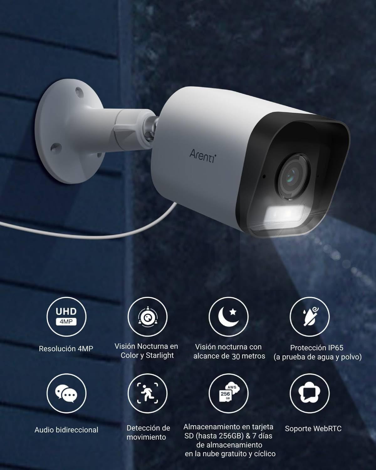 Cámara de Seguridad Arenti Blanca 4MP 2.5K Impermeable con Audio Bidireccional y Detección de Movimiento