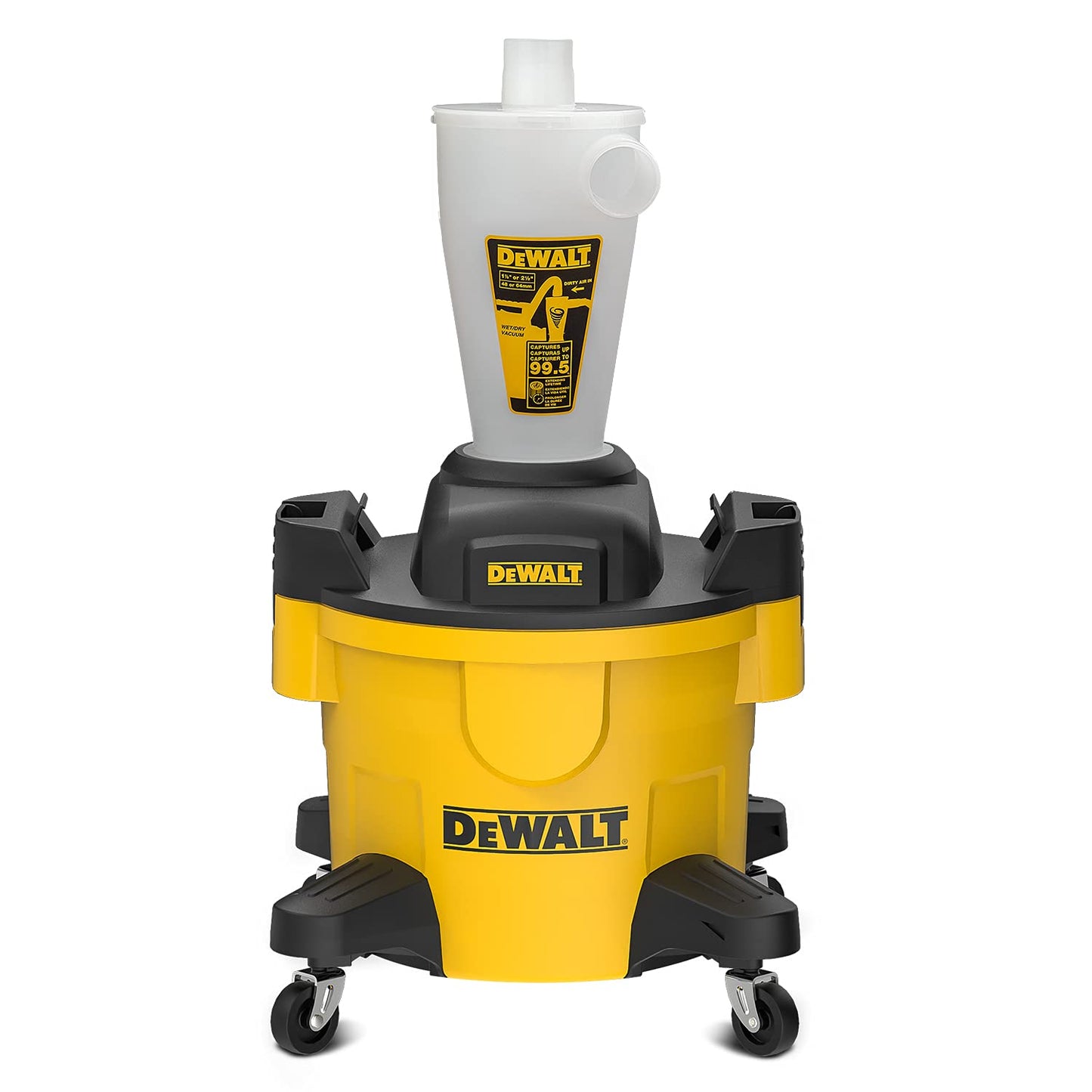 DEWALT Separador de Polvo con Tanque de Polietileno de 6 galones, colector de Polvo ciclón de eficiencia 99.5%, Filtro colector de Polvo de Ciclo de Alto Rendimiento, DXVCS002, Amarillo