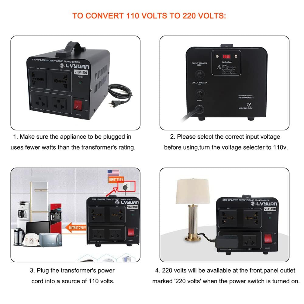 Cantonape - Transformador de voltaje de 1500 vatios, elevador/reductor que convierte de 110-120 voltios a 220-240 voltios y de 220-240 voltios a 110-120 voltios, 2 tomas de EE.UU., 2 tomas universales