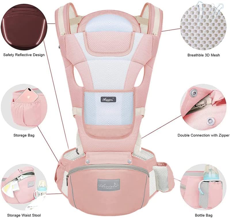 EASYTAO Mochila Portabebe, Canguro para Bebé Ergonomico para Niños de 0 a 36 Meses(hasta 30 kg), Porta Bebé Portátil Algodón Puro Ligero y Transpirable con Asiento de Cadera (Rosa)