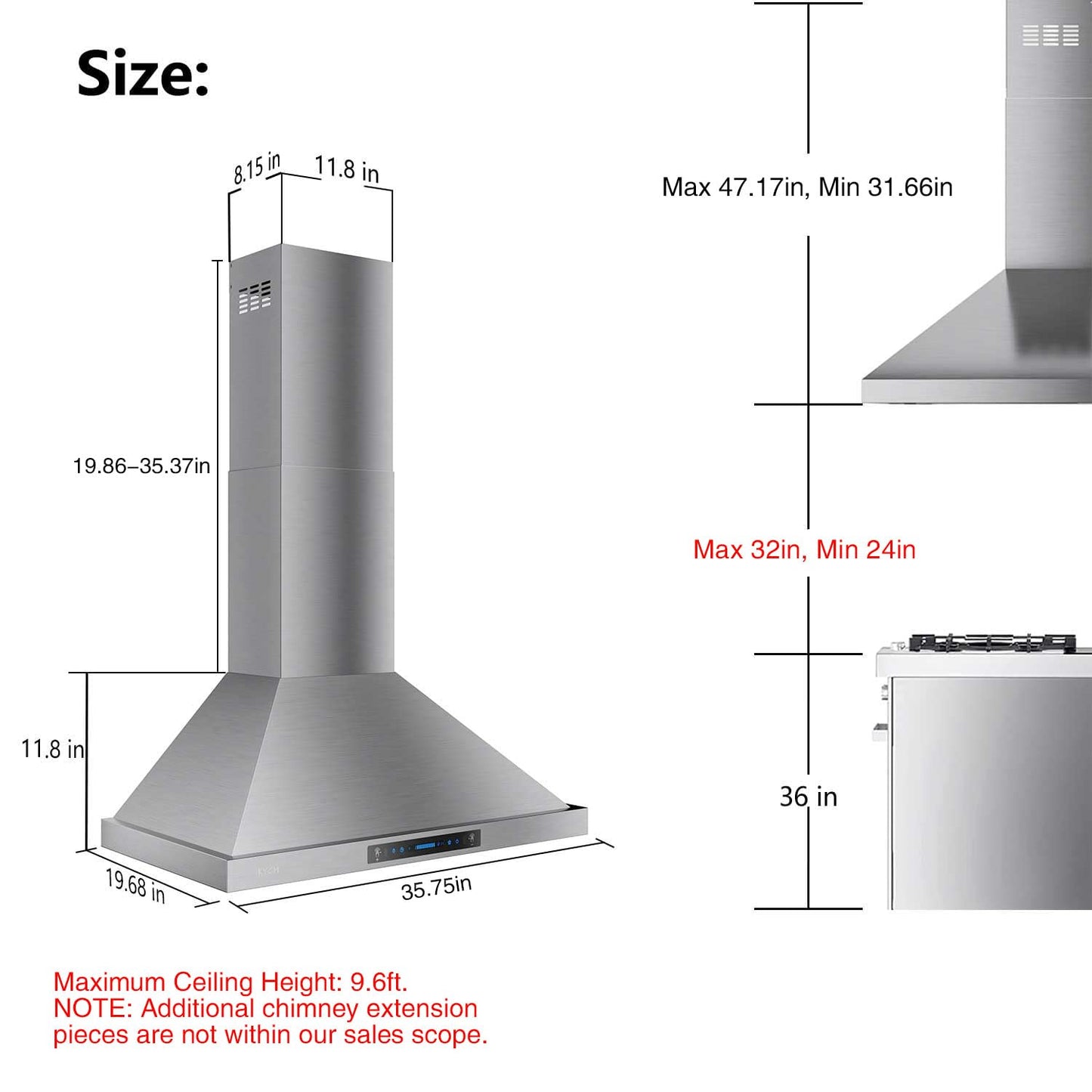 IKTCH - Campana extractora de montaje en pared negra de 36 pulgadas, 900 CFM de acero inoxidable con sensor de gestos y panel de interruptor de control táctil, 2 luces ajustables (IKP02-36-BSS)
