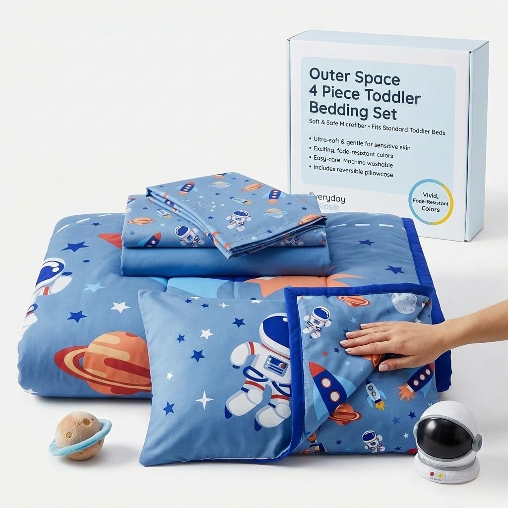 EVERYDAY KIDS - Juego de ropa de cama de 4 piezas para niños pequeños, incluye edredón, sábana encimera, sábana bajera y funda de almohada reversible