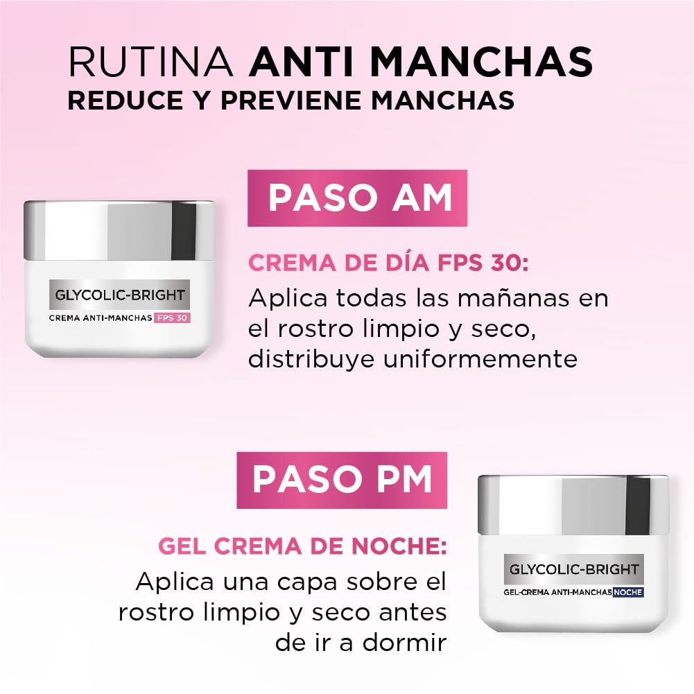 L'Oréal Paris Kit Crema Día Y Crema Noche Glycolic Bright, Anti-Manchas con Ácido Glicólico y Niacinamida