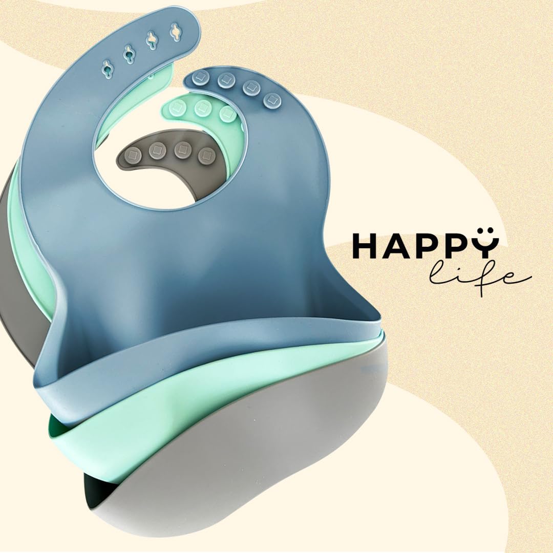 HAPPY LIFE baberos para bebe de silicona suave grado alimenticio, set 3 baberos impermeables, BPA FREE, para alimentacion complementaria de bebé (niño I azul)