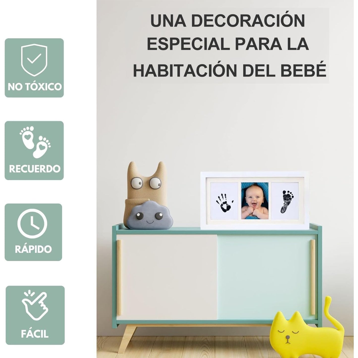 Marco foto y huellas recuerdo de bebe, Kit de mano y huella de bebé con kit de mano y huella sin tinta*1, Tres hojas de papel blanco, Cinta adhesiva de doble cara*1, Regalos de baby shower para mamá
