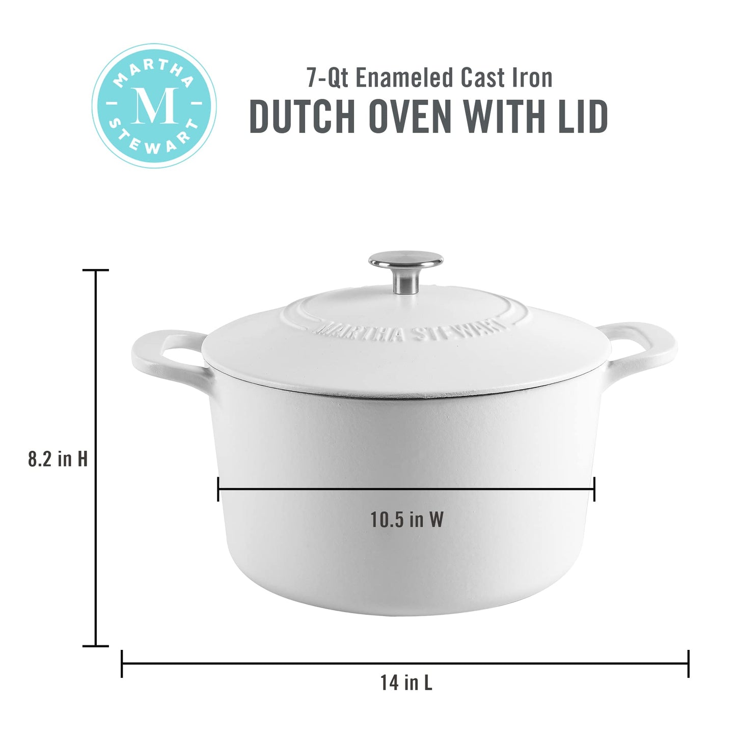 MARTHA STEWART Gatwick - Olla para horno holandesa de hierro fundido esmaltado de 7 cuartos con tapa, color blanco mate