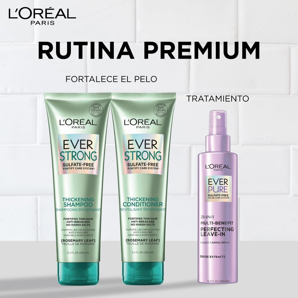 L’Oréal Paris Shampoo con hoja de romero Ever Strong, aporta densidad al pelo delgado previniendo la caída, para todo tipo de pelo teñido, sin Sulfatos, 250ml