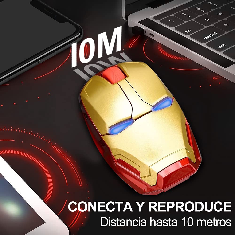Iron Man Mouse inalámbrico para gamers,Mouse óptico inalámbrico y súper silencioso de 2.4 Ghz con luz LED ideal para agarre ergonómico,con Receptor USB y 3(600/1200/1600)Ajustable DPI Ratón,(dorado)