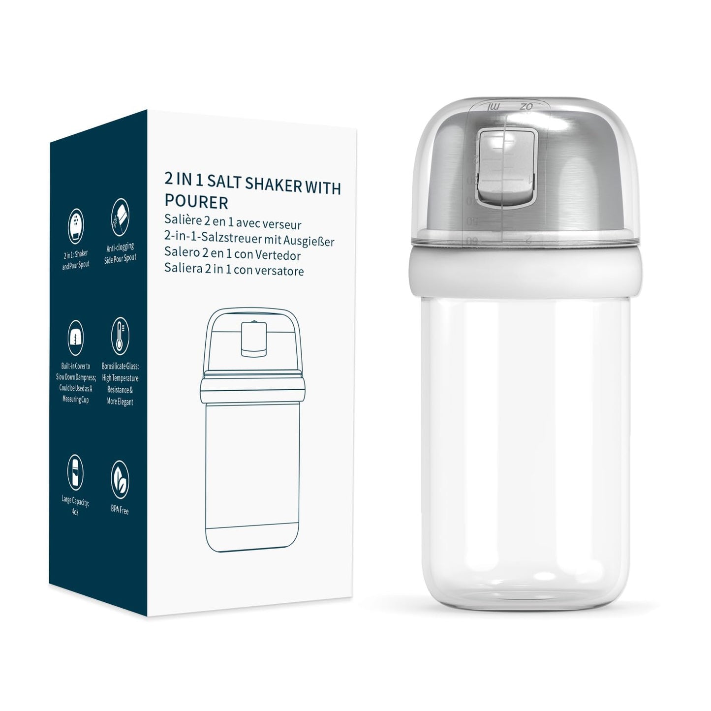 KTCHENDAO - Salero de vidrio 2 en 1 con boquilla lateral para verter la tapa, tapa integrada para ralentizar la humedad con marcas de mearsuring, elegante dispensador de sal de vidrio borosilicato