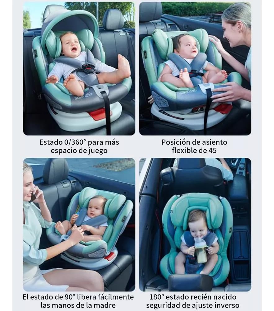 FINYQBET Autoasientos para Bebé, Asiento para Bebé Carro 3 en 1,Crecimiento Sostenible, Seguro y con Rotación 360°,Arnés de Cinco Puntos y Protección Biónica verde