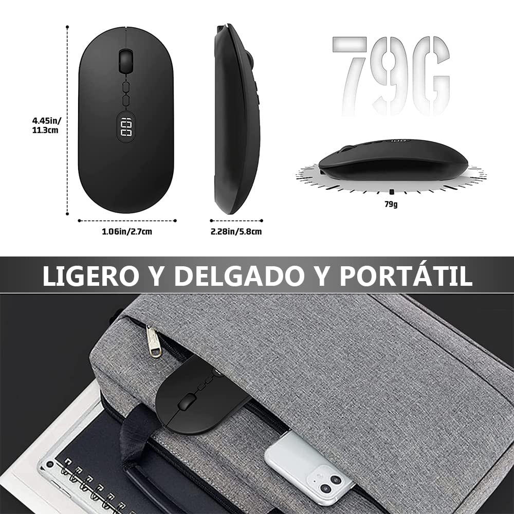 Free wolf X1 Mouse Inalámbrico con Pantalla de Batería, Wireless óptico Recargable 2.4 G Ergonómico Silencioso Click 800/1200/1600 Ajustable dpi Ratón para Computadora,Portátil,PC,Mac (Negro)
