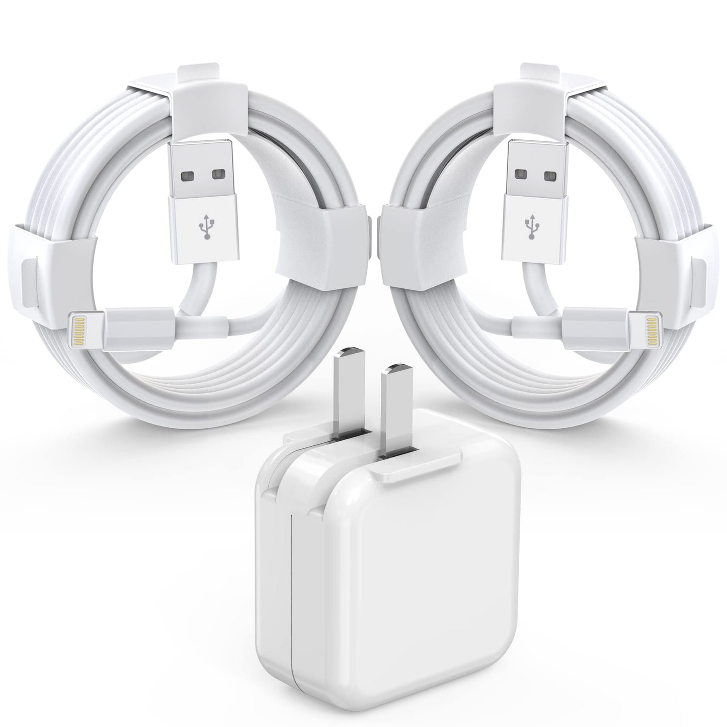 IOSYS Cargador para iPad/iPhone, Bloque de carga rápida con 2 cables USB a Lightning de 6.6 pies, 12 W, Plegable, Certificado MFi, Compatible con iPad Pro, Air, Mini, iPhone y más
