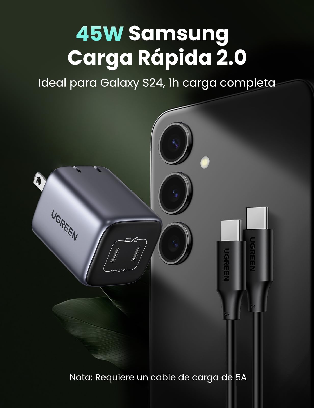 UGREEN Nexode 45W Cargador Tipo C GaN con Cable USB C 100W 1M, Gargador USB C 2 Puertos, Carga Rápida Cargador Portátil Compatible con Galaxy S25 S24 S23 Ultra, iPhone 15 14 Pro, MacBook Air, iPad Pro