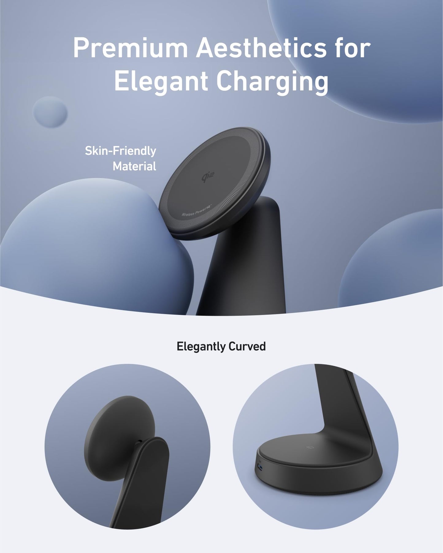 Anker Estación de Carga Inalámbrica 15W, Soporte 2 en 1, Carga Rápida Qi2, Sistema de Carga Dual, Conexión Magnética Segura, Ángulos Ajustables, Diseño Elegante para iPhone 15 Pro y Auriculares TWS