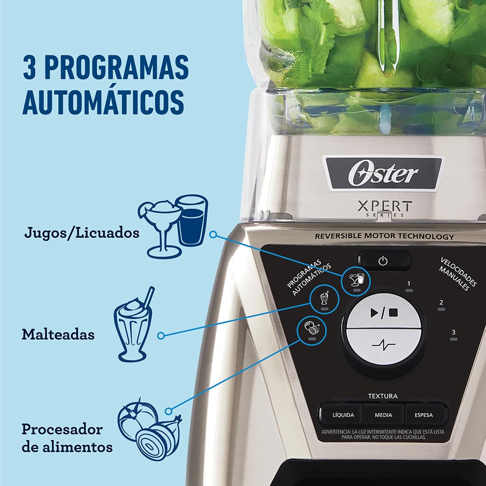 Licuadora Oster Xpert Series Azul con Control de Textura y Accesorios 2 Litros 3 Programas de Velocidad