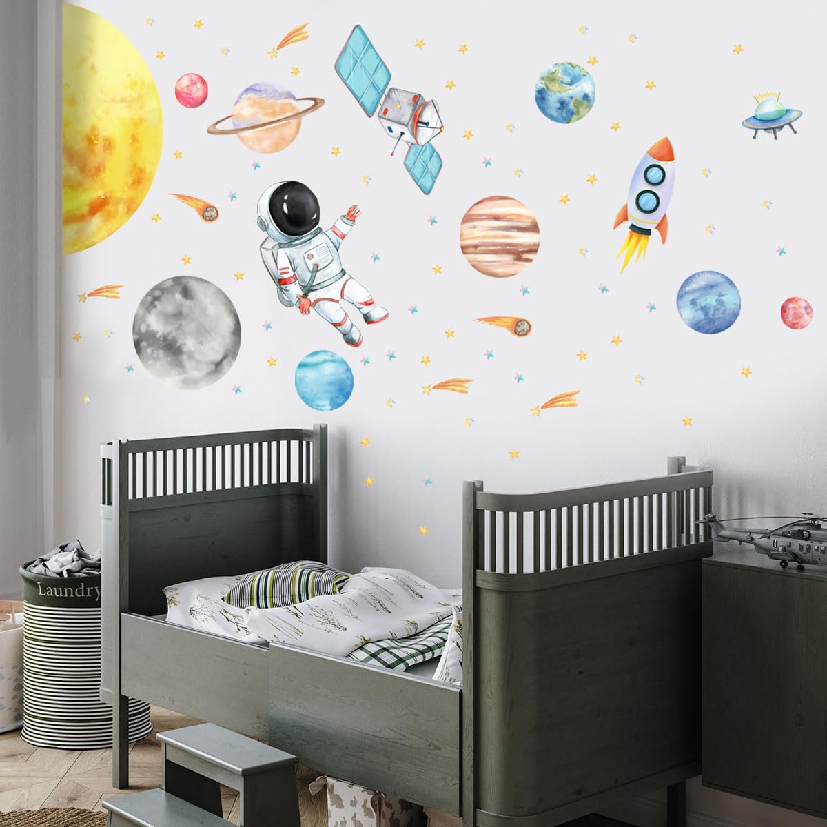 HJKlove Pegatinas de pared de astronauta espacial - Calcomanías de sistema solar acuarela para decoración de habitación de bebé niño o niña, planeta, astronauta, calcomanías de cohete espacial