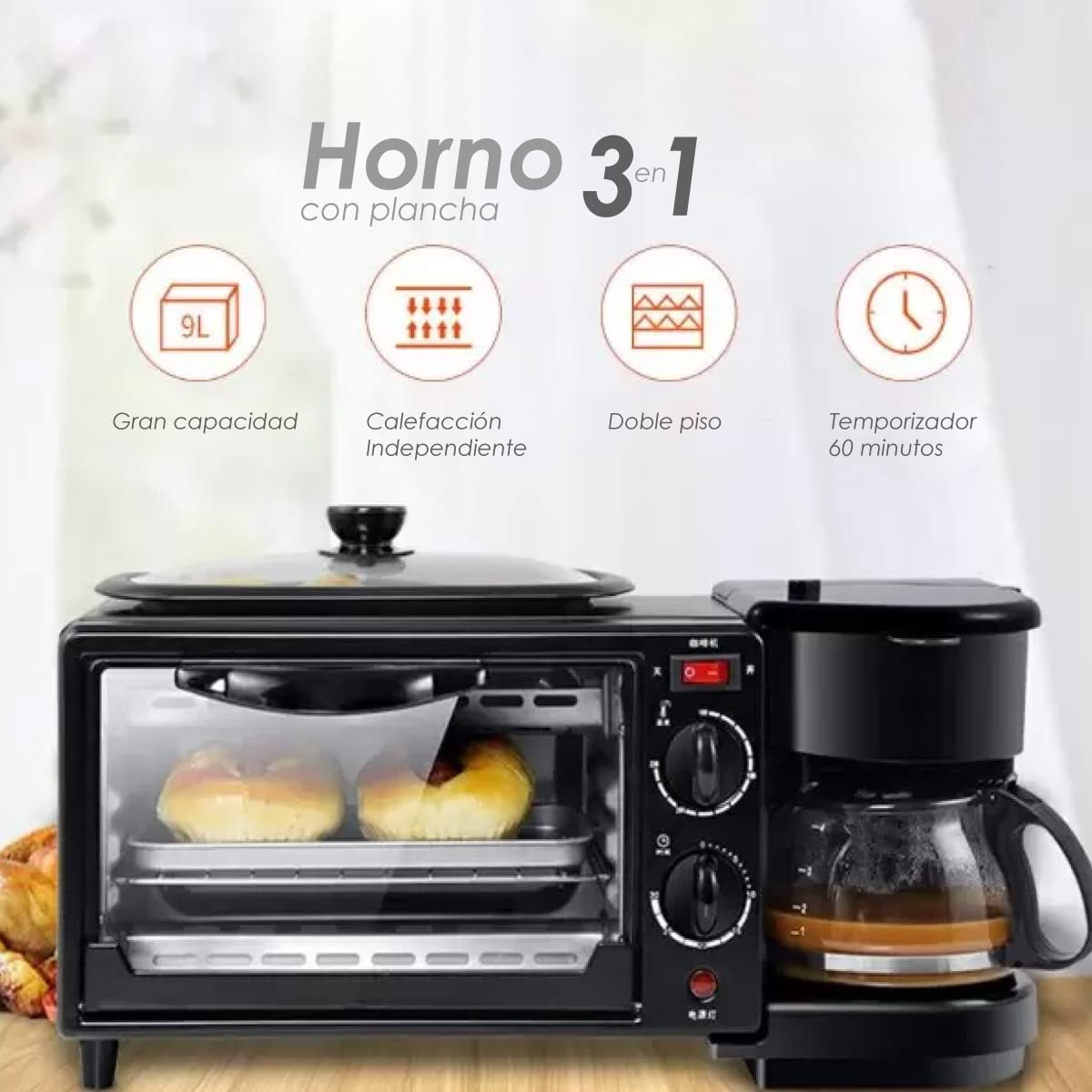 Ilios Innova Horno 3 en 1 maquina de desayuno sarten cafetera mini horno