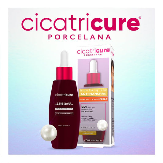 CICATRICURE - Porcelana Serum Peeling Facial. Efecto anti-manchas con hidrolizado de perla, mejora la textura, luminosidad y claridad de la piel. Uso para rostro y cuello, botella con 30ml