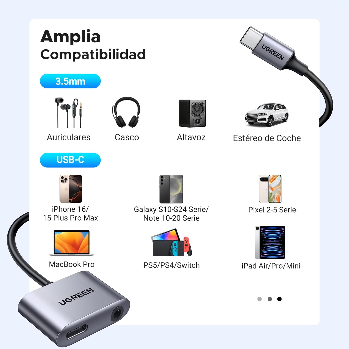 Adaptador USB C UGREEN Blanco 60W Carga Rápida y Jack 3.5 mm 2 en 1 Compatible con iPhone, Galaxy, Pixel, iPad